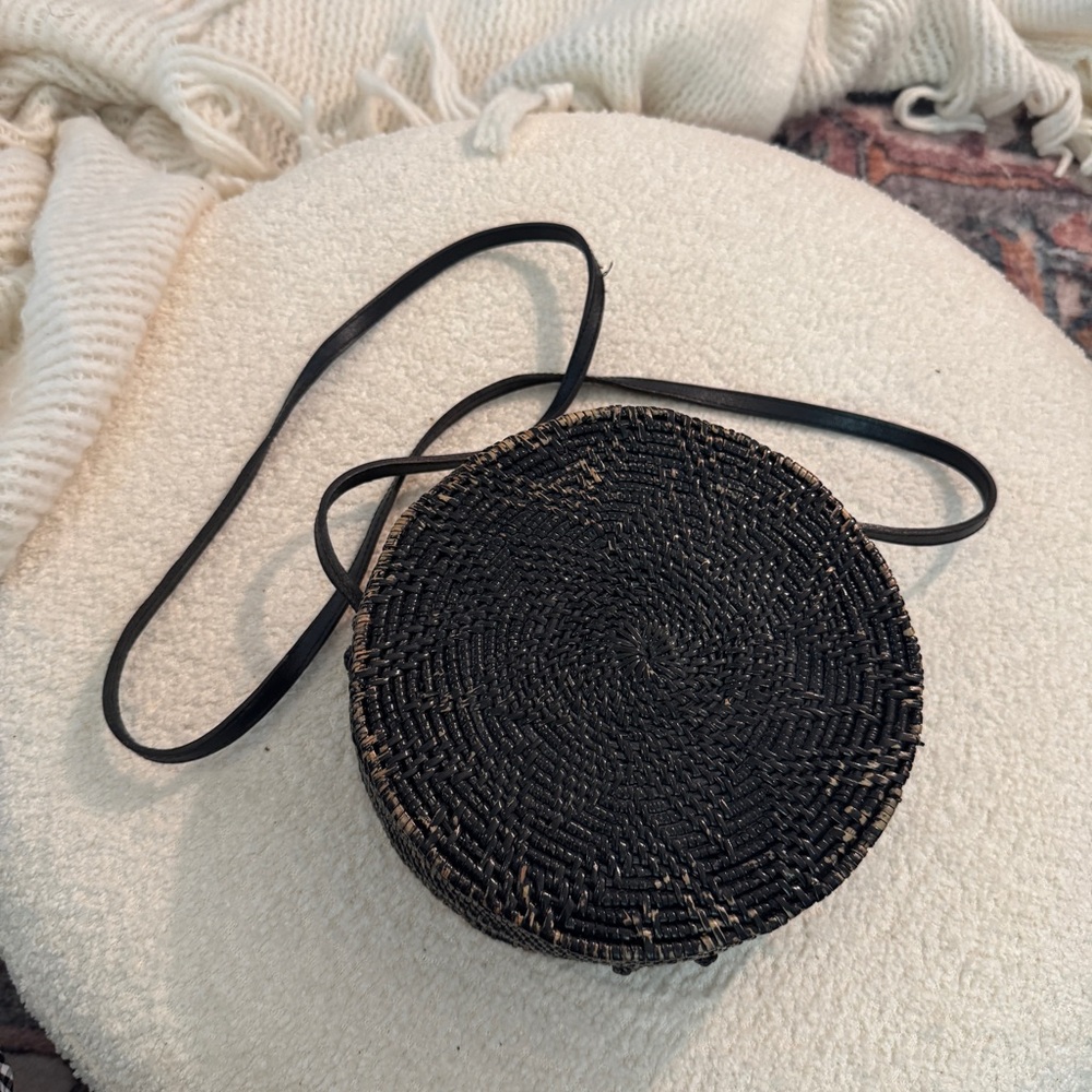 Black Woven Round Crossbody Bag